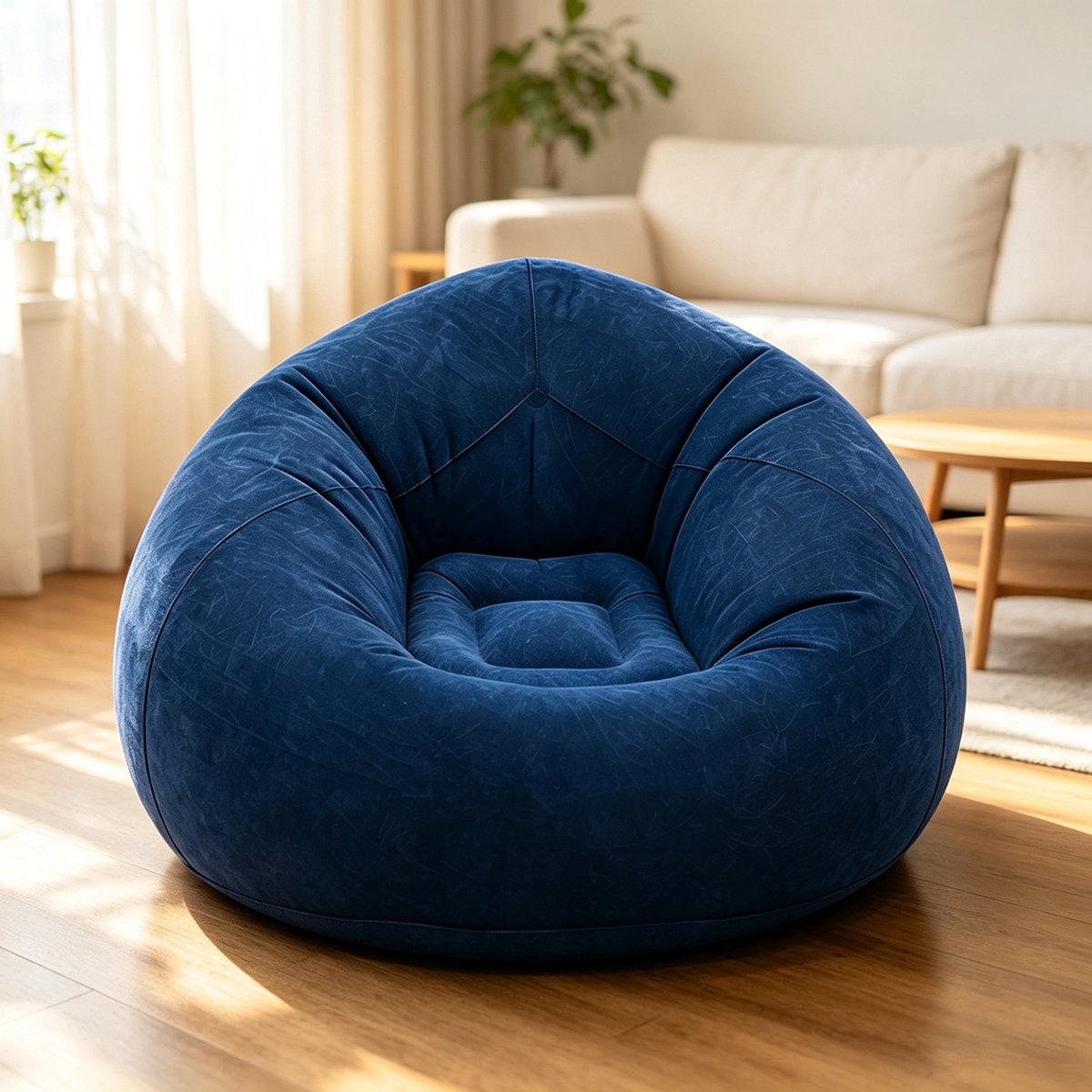 Opblaasbare fluwelen bank 100×100×50 cm, donkerblauw Draagbare opvouwbare campingstoel opblaasbare bank geschikt voor buiten en gezellige filmavonden met het gezin