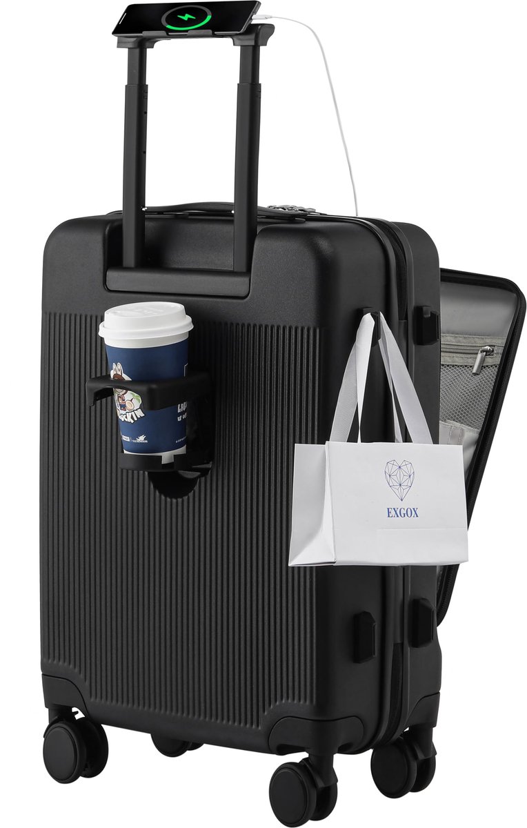 SnelShoppen - 20 inch lichtgewicht harde koffer met laptopvak, TSA-slot, spinnerwielen, USB-oplaadfunctie en bekerhouder voor handbagage, ideaal voor