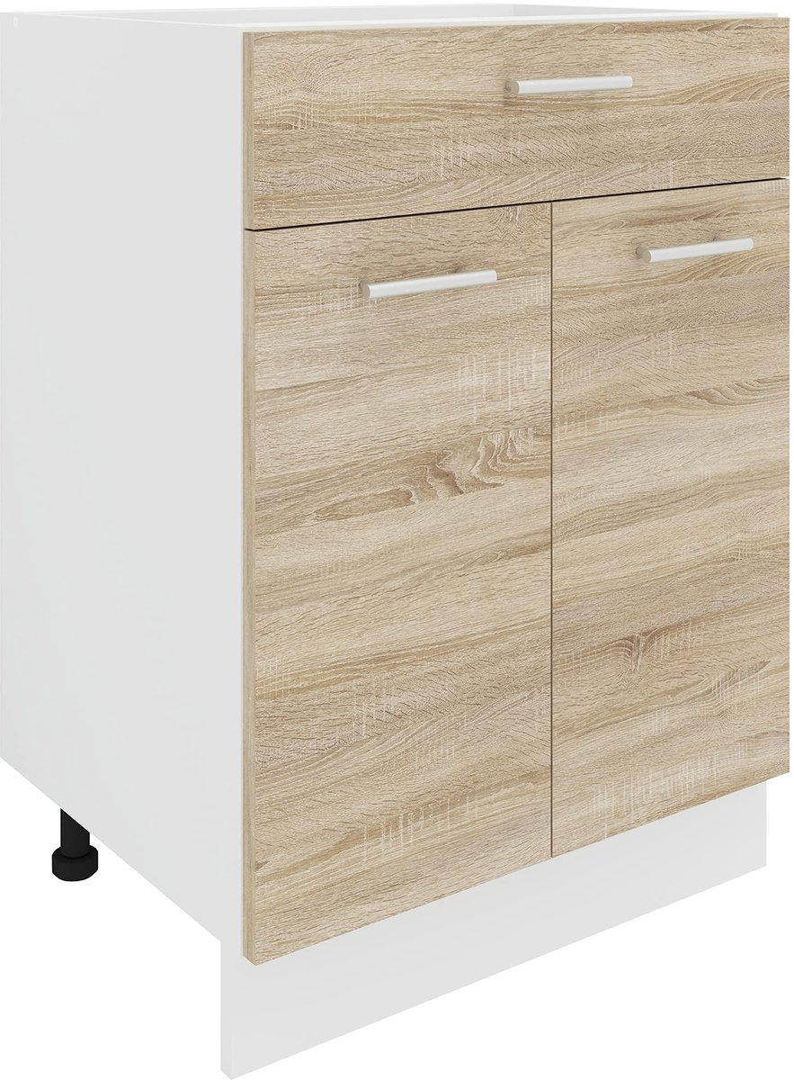 SnelShoppen - Keukenkast 60 cm met Ladeblok, Draaideuren, Wit/Sonoma-eik, Onderhoudsvriendelijk, Verstelbare Poten, Modern Keukenmeubel