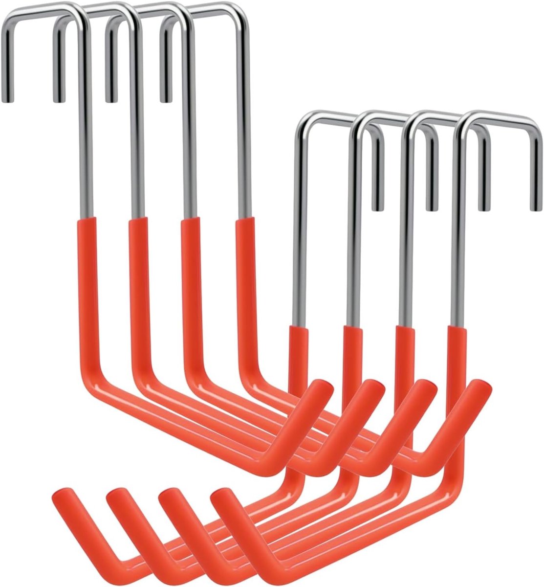 Fietshouder set van 8 stuks, S-vormige garagehaken met dompelcoating voor fietsen, tuingereedschap en ladders, zilver en oranje