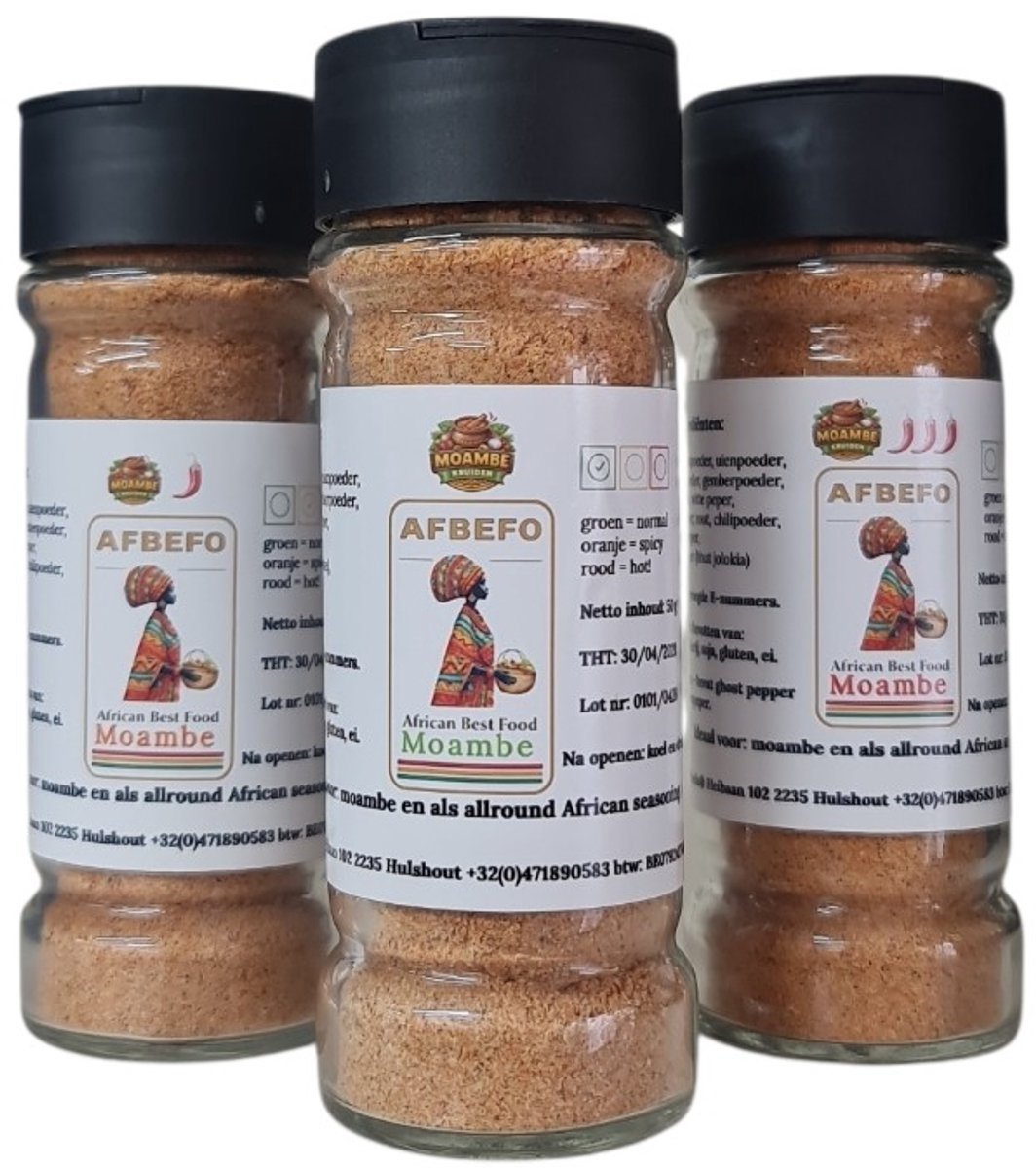 AFBEFO® Moambe Collection Luxe Kruidenset (3 x 50g) – 100% Pure Afrikaanse Kruidenmix Zonder E-nummers & Antiklontermiddel – Ideaal Cadeau voor Kip, Stoofpotten & Sauzen