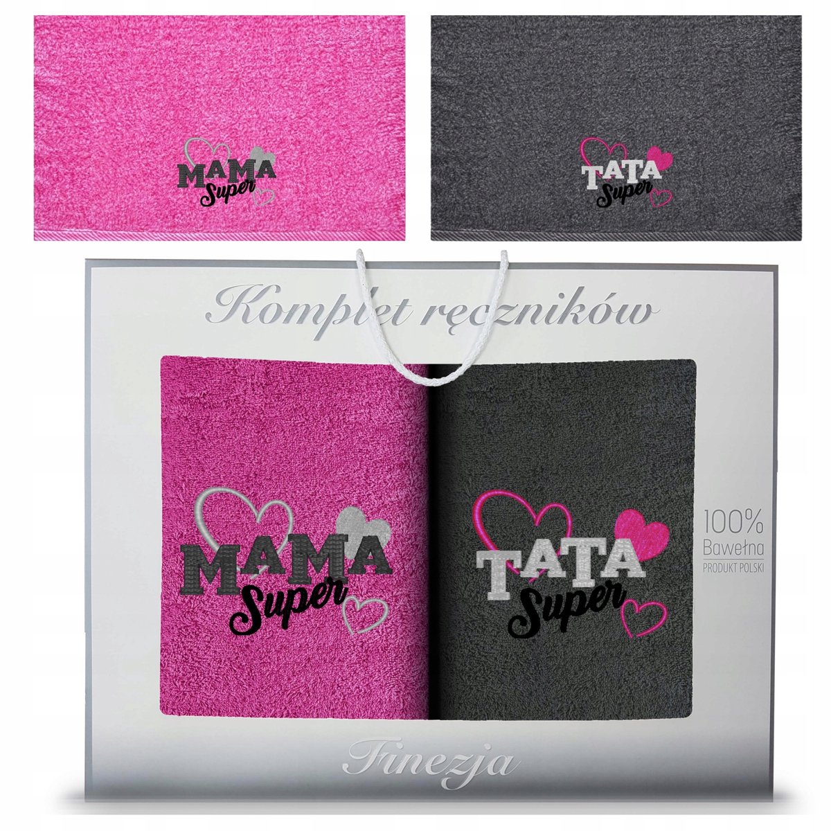 KONEY - Handdoekenset 2-delig - 2 x 70 x 140 cm - Fuchsia, Grafiet - met borduring Mama & Papa - in geschenkdoos