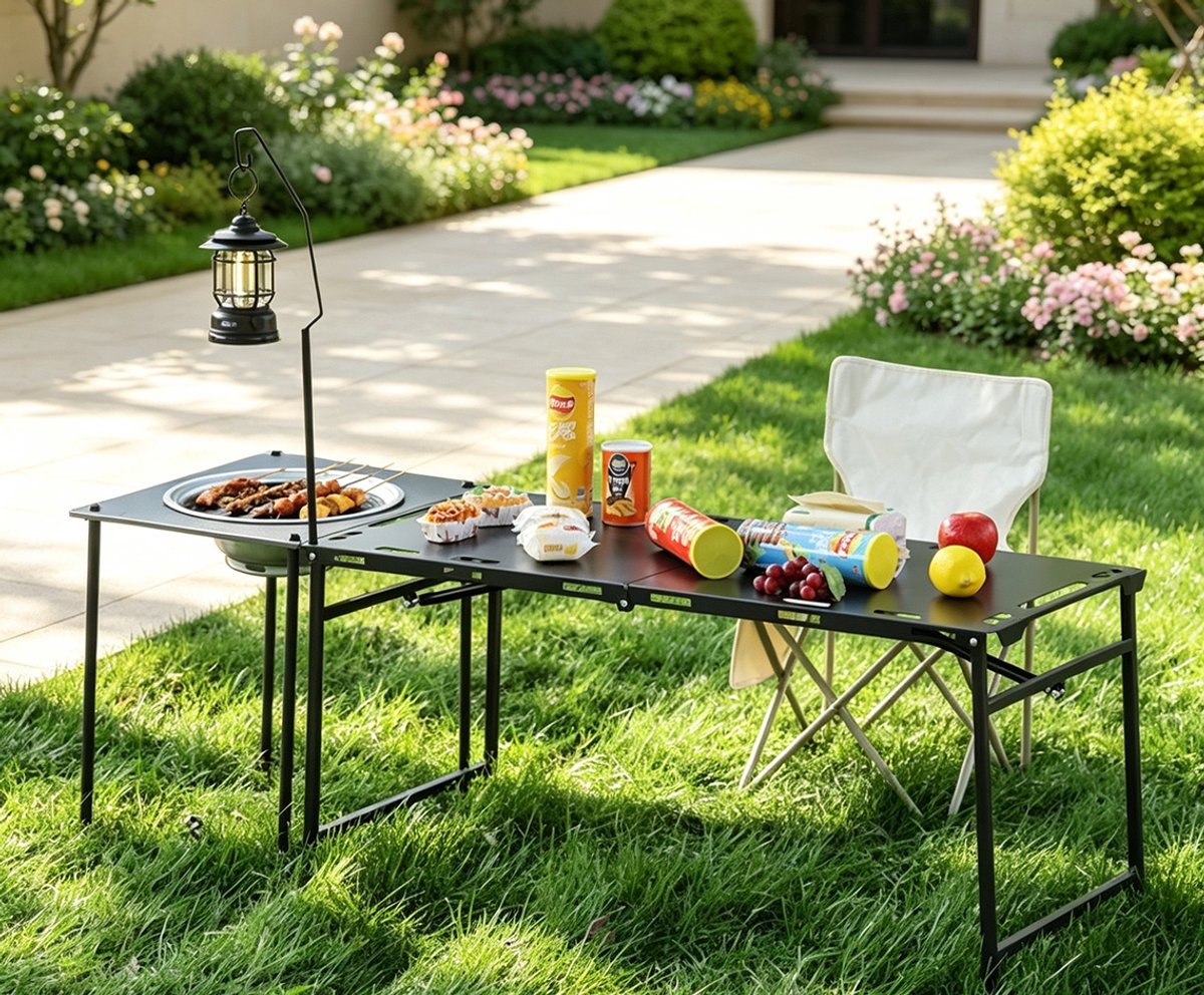 Opvouwbare, niet-installeerbare barbecuetafel met grill en lampvoet – 143x48x50 cm – Lichtgewicht aluminium picknicktafel met handvat, ideaal voor kamperen en buiten koken (zwart).