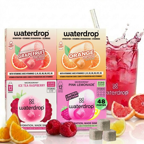 Quatre emballages de microdrink Waterdrop : pamplemousse, orange, thé glacé framboise et pink lemonade. Avec des fruits et une boisson avec des glaçons.