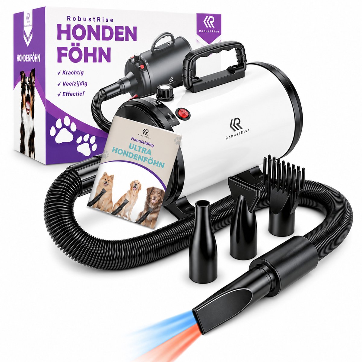 Bol.com RobustRise Ultra Hondenfohn - 3800W - Wit - extra krachtig - Verstelbaar Vermogen - Waterblazer voor Honden - Hondenfohn... aanbieding