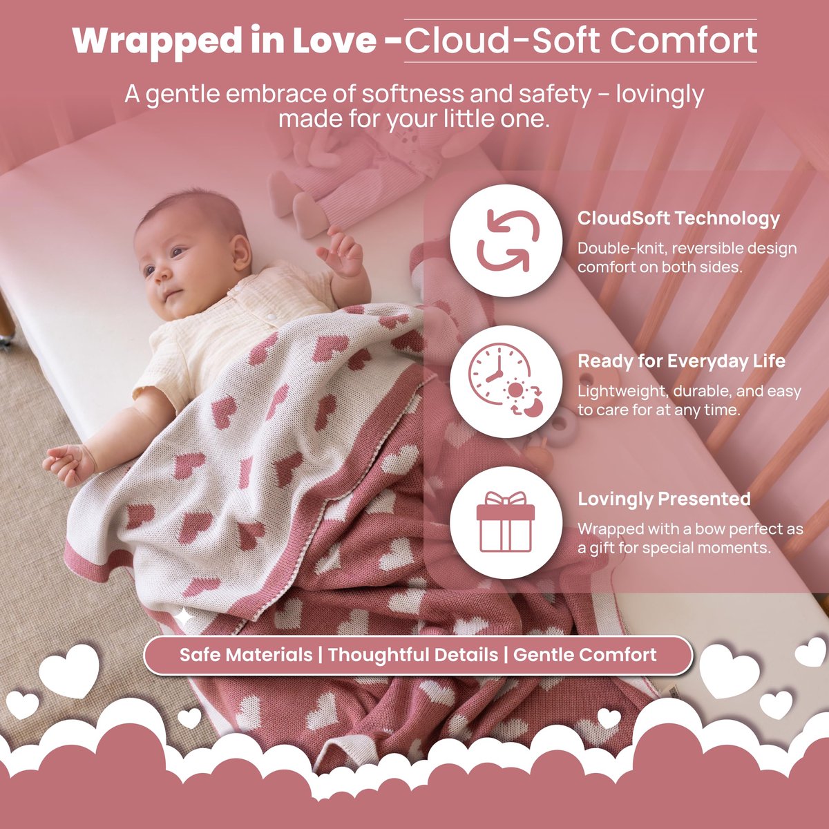 SnelShoppen - Little Dedi Alina Baby Zachte Gebreide Deken 80x100 cm - Ademend, Oeko-Tex Gecertificeerd, Knuffelige Harten, Perfect voor Pasgeborenen