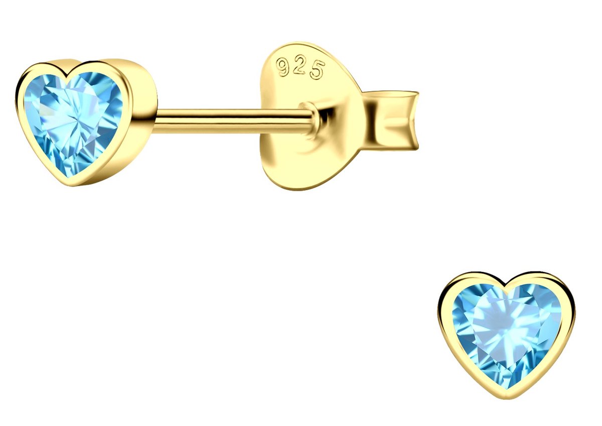 Joy|S - Zilveren hartje oorbellen - 4 mm - petit hartje - massief - zirkonia blauw - sterling zilver 925 - goldplated - hartjes oorknopjes
