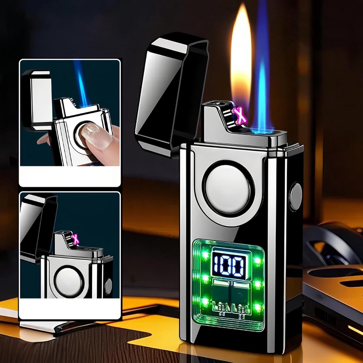 Aansteker Met Dubbele Vlam LED-Display En USB-C-Aansluiting - Transparant Reservoir Navulbaar Overlaadbeveiliging - Ideaal Cadeau Voor Mannen