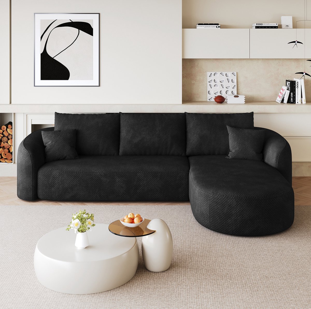 REDOM - Hoekbank - Modulair ontwerp - Zonder montage - L-vormige opstelling - Design - Woonkamer of slaapkamer - Stof - Zwart - 266 x 168 x 85 cm