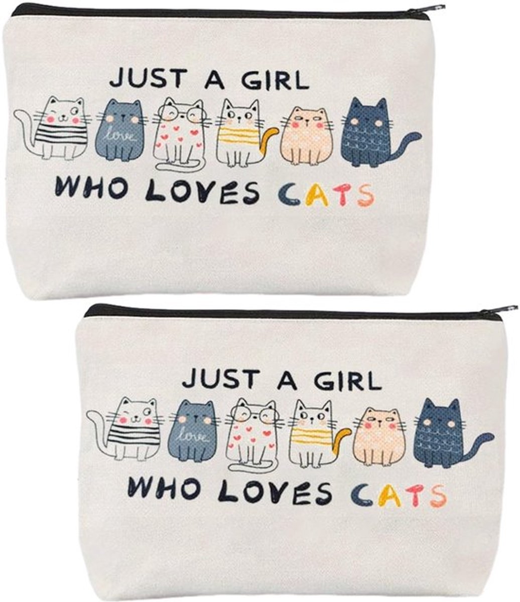Make-up Tas 2 Stuks - Kattenpatroon - Draagbare Opbergzakken - Cosmetica Tas - Canvas - Lichtgewicht 25x17 Cm