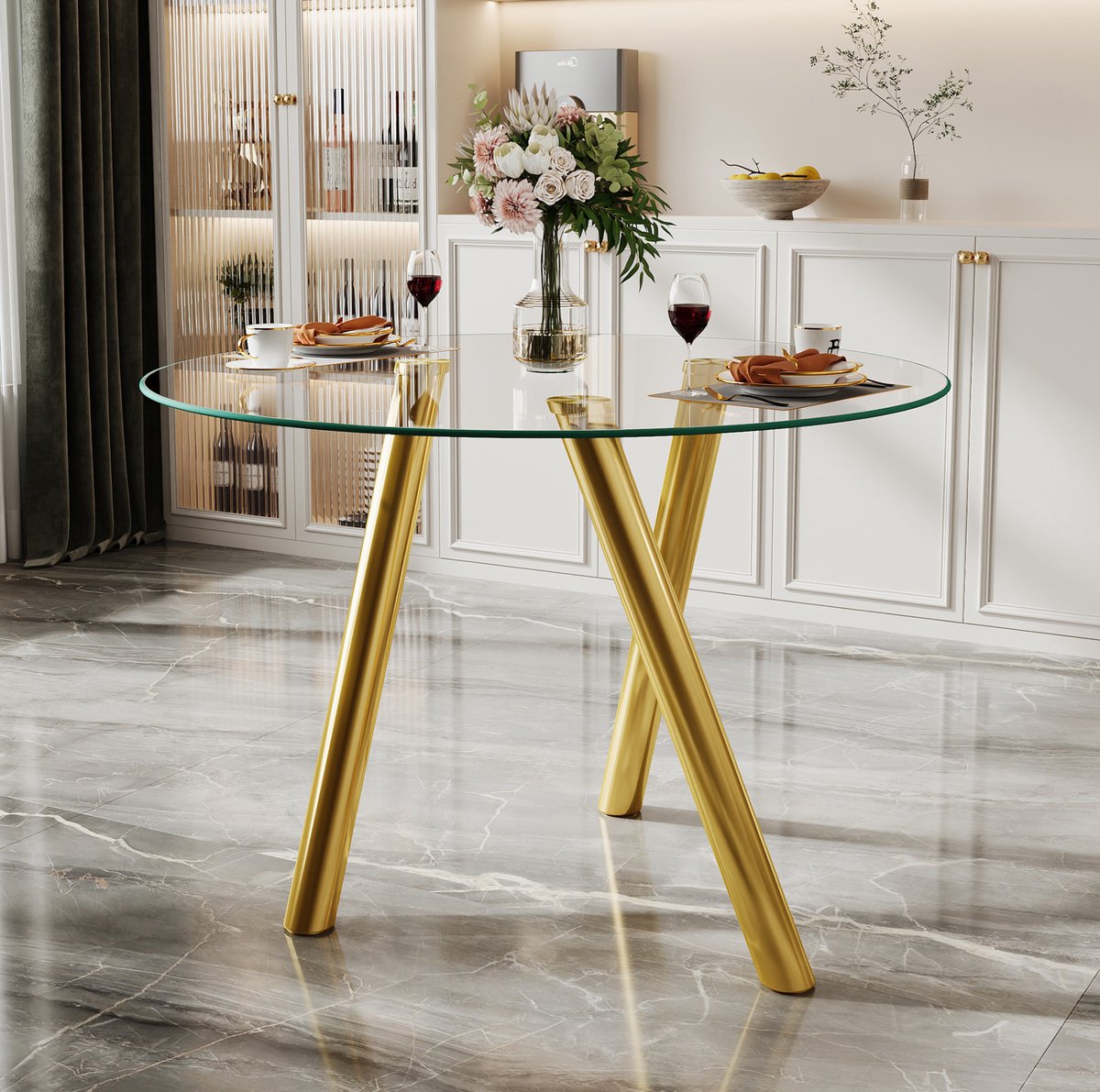 MEUNIQ ronde eettafel 89 x 89 x 76 cm met gehard glazen tafelblad, gouden metalen poten en transparant design voor eetkamer of woonkamer