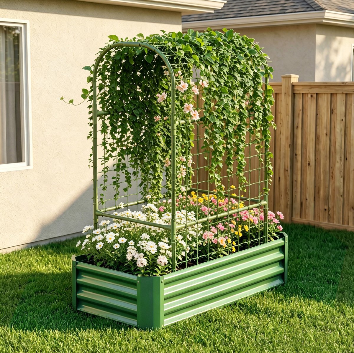 HAUSS SPOLE Moestuinbak – 120 x 60 x 150 cm – Met Klimrek – Verzinkt Staal – Groen – Voor Terras, Binnenplaats En Tuin