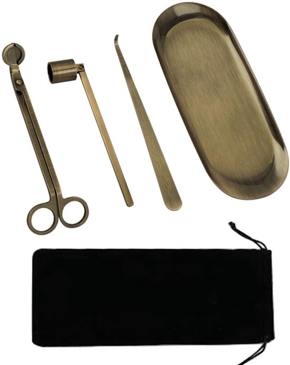 4-in-1 kaarsaccessoireset, kaarssnuifje, kaarslontsnijder, kaarsendipper, opbergbakplaat, kaarsverzorgingsset met fluwelen zakje voor kaarsliefhebber (brons)