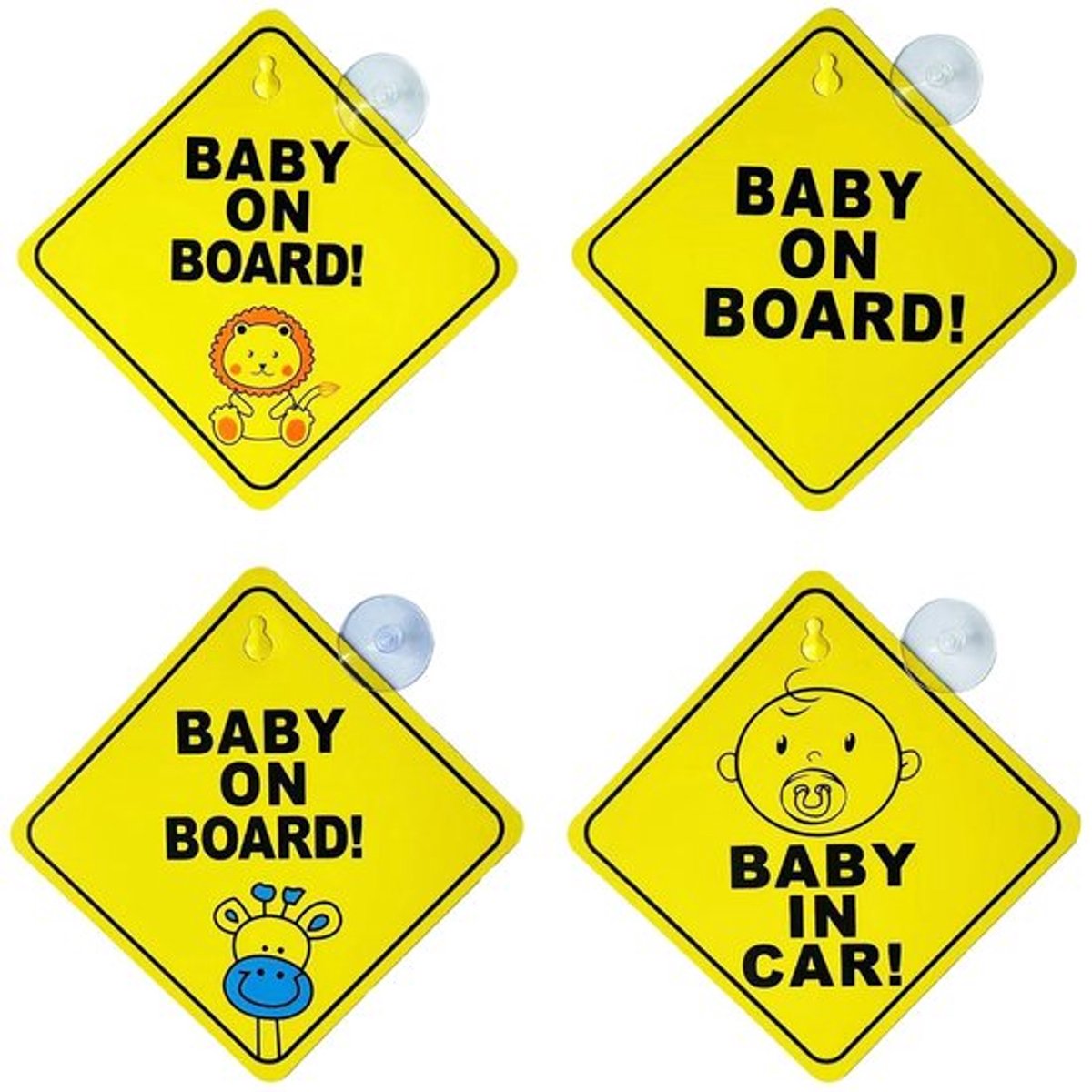Waarschuwingsstickers 4 Stuks - PVC Kunststof - Auto Raamstickers - Kinderwagen Stickers - Geel - 12 x 12 cm - Autostickers