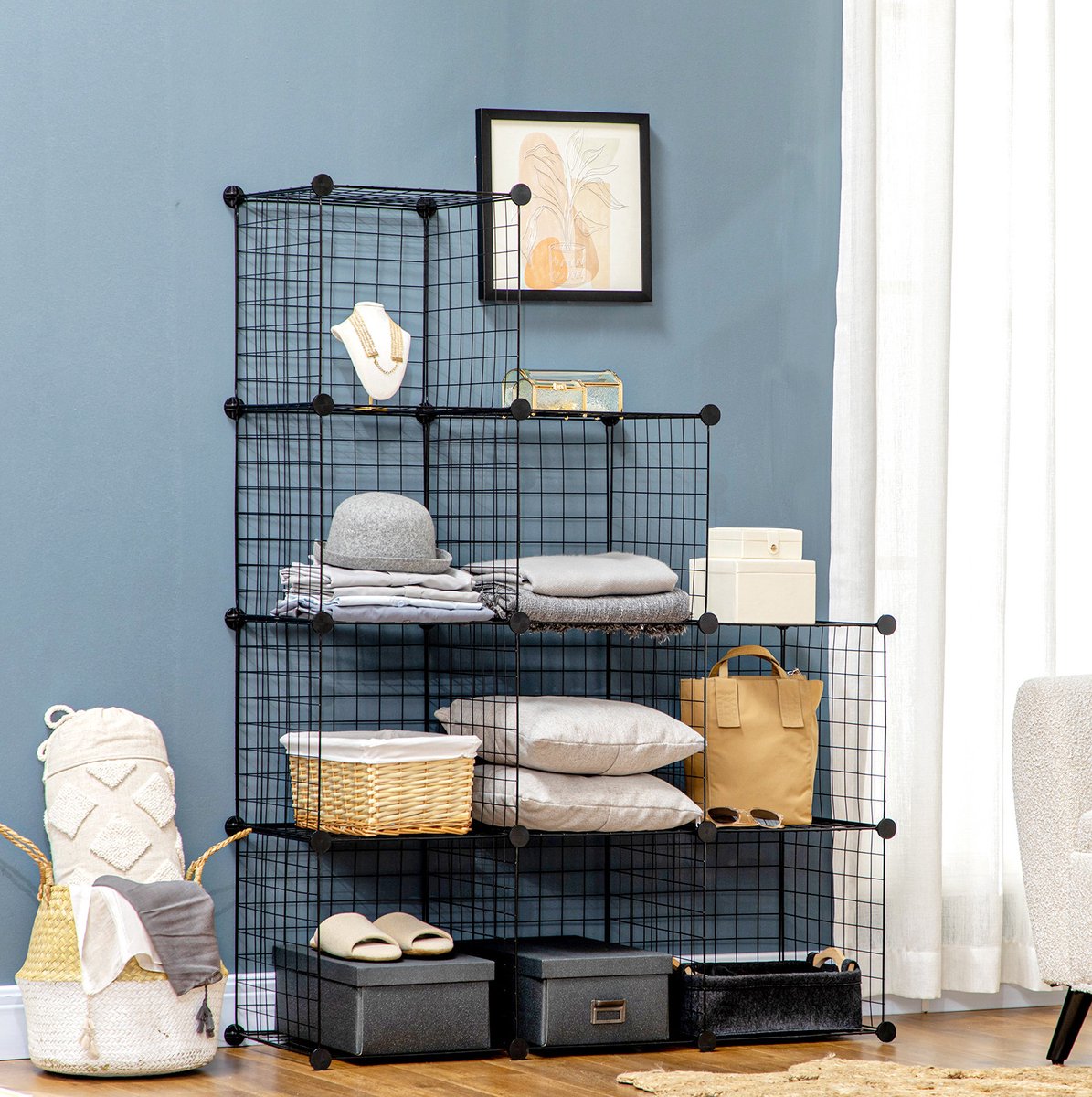 HAUSS SPOLE Schoenenkast – 109 x 37 x 109 cm – Modulair Staand Rek Met 9 Vakken – Metaal – Zwart – Open Opbergruimte Voor Hal Of Woonkamer