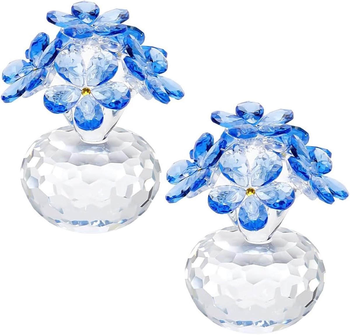 Set van 2 blauwe kristallen bloemenbeeldjes - Glazen bloemenfiguren voor decoratie, cadeau voor moeder en zus, perfect voor thuis en kantoor