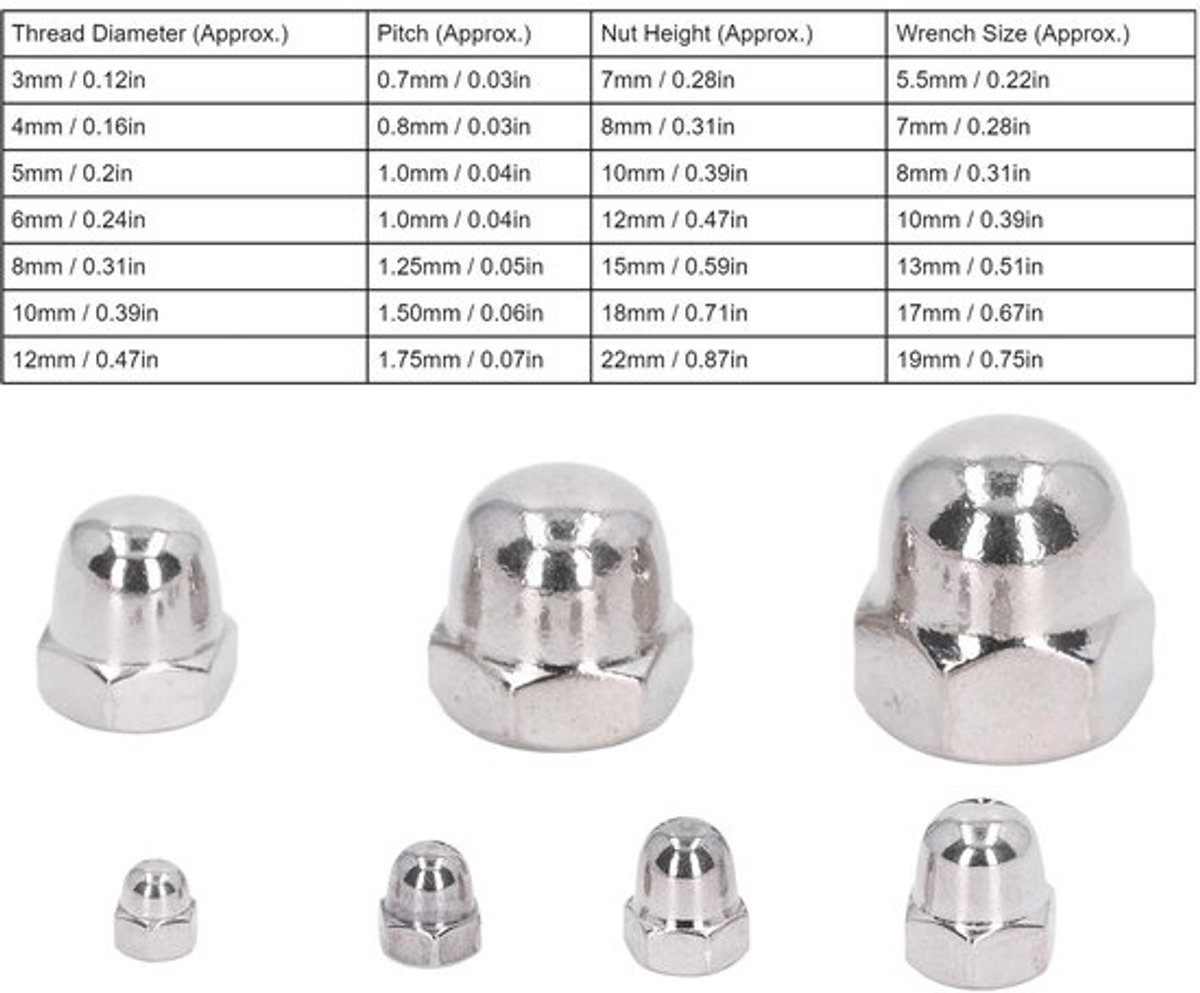 Moer Assortiment Kit - RVS Acorn Cap - Hex Dome Cap - M3/M4/M5/M6/M8/M10/M12 - 50 Stuks - Hoogwaardige Kwaliteit - Doppenmoer