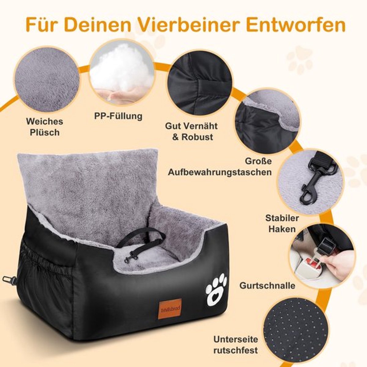Autostoel Hond - 70 x 60 x 45 cm - 2 Verstelbare Veiligheidsriemen - Volledig Afneembaar - Wasbaar - Autobed voor Kleine Honden - Hondenbooster