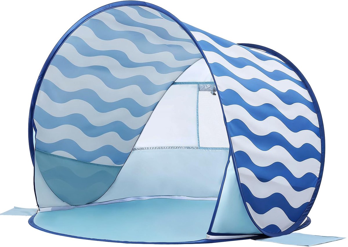 SnelShoppen - Pop-up Baby Strandtent UV-bescherming - Lichte Tent voor Kinderen - Zonwering en Windscherm - Blauw Golfpatroon - Perfect voor Strand, C