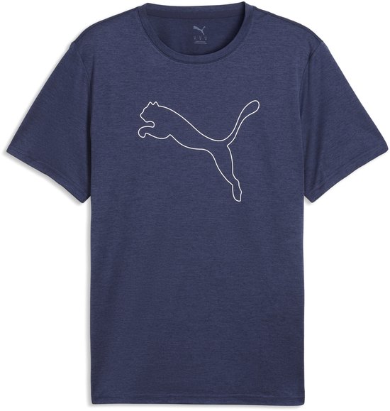 Blauw gemêleerd PUMA T-shirt met een witte gestileerde kat op de voorkant.