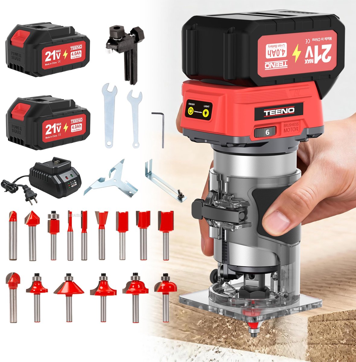 SnelShoppen - Draadloze Houtschaaf 20V - Mini Bovenfrees met 2x 4,0 Ah Batterijen en Borstelloze Motor - 6 Variabele Snelheden tot 35.000 omw/min - In