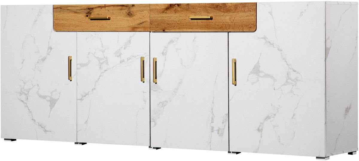 COVREO Sideboard 208x39,5x80 cm - 4 deuren en 2 laden - opbergkast voor woonkamer, keuken of eetkamer - wit