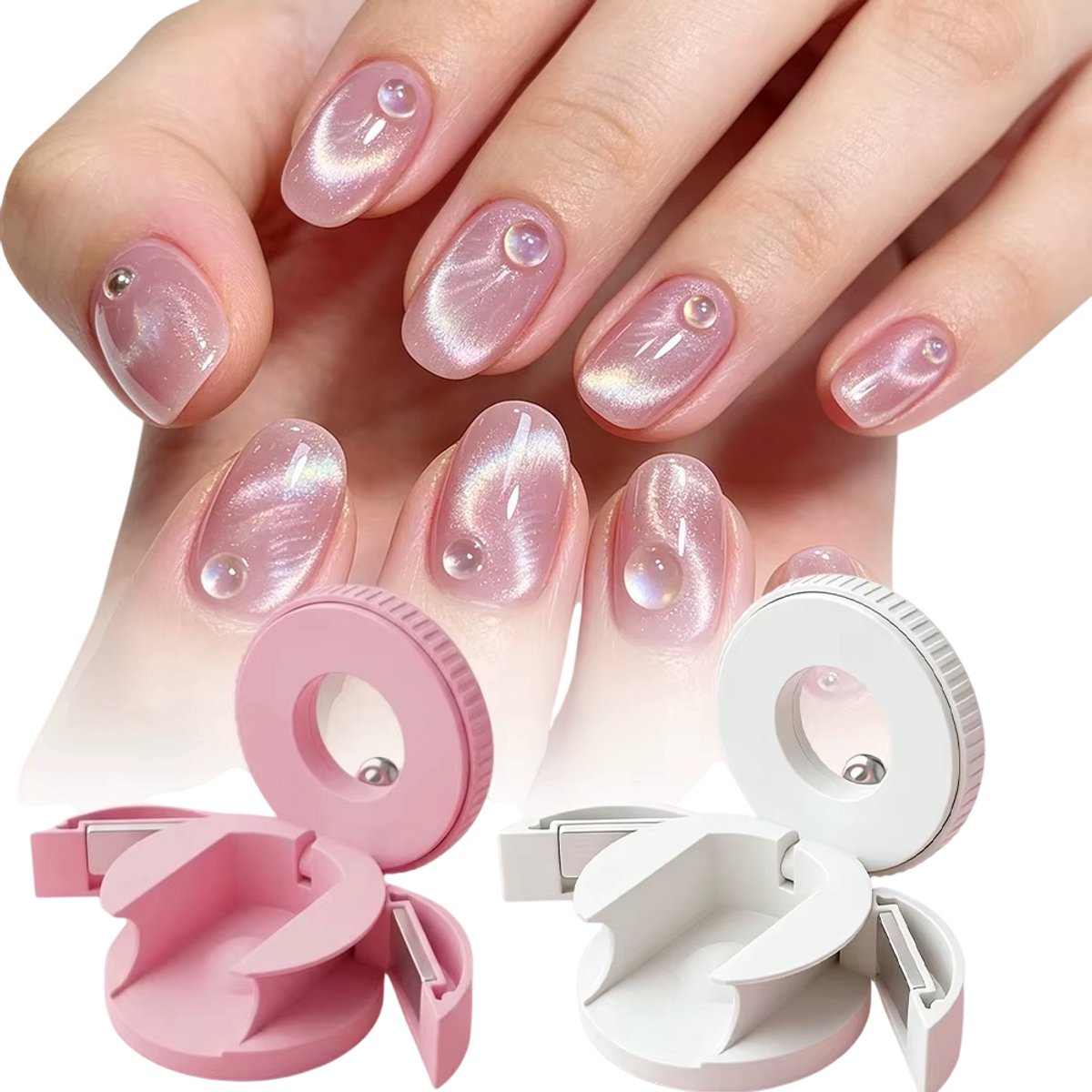 2 stuks Kattenoog Magneet voor Nagels – Magnetische Nagelmagneet voor Cat Eye Gelnagellak – Sterk Magnetisch Effect, Breed Lichteffect, Nail Art Accessoire – Wit & Roze