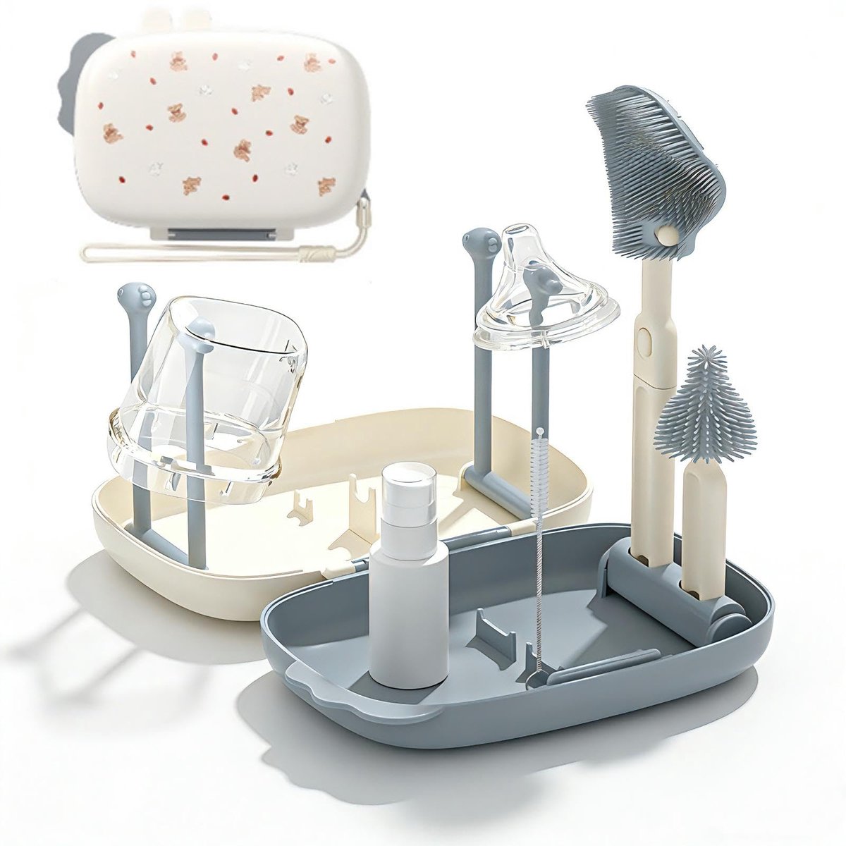 COOAU 6-in-1 flesreinigingsset, grijs - Flessenborstel - Schoonmaakborstel - Kras- en BPA vrij - Inclusief afdruiprek, multifunctionele borstel, vloeibare zeepdispenser en speenreiniger