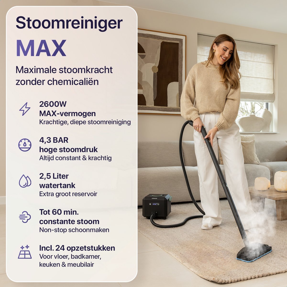 LUMAN Stoomreiniger MAX – 2600W - 60 min Stoomtijd - 2.5L Watertank – Handstoomreiniger & Tapijtreiniger - Zwart thumbnail 2
