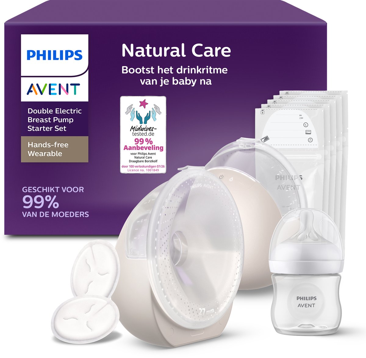 Philips Avent Natural Care - Borstkolf - Dubbel Elektrisch - Handsfree - Lekvrij - Draadloos - SCF495/21