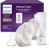 Philips Avent Natural Care Handsfree dubbele elektrische borstkolf starterset in doos, met accessoires en flesje.