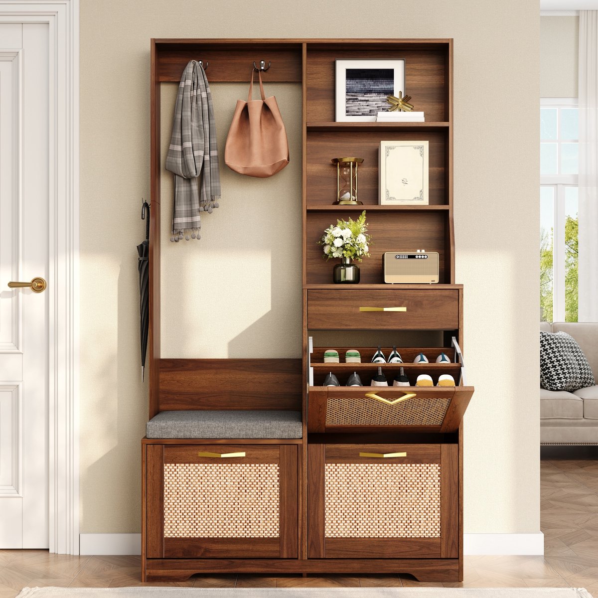 Sweiko Schoenenkast – Halmeubel – Met lades – Opbergplanken – Rieten afwerking – 2 haken – Walnootkleur