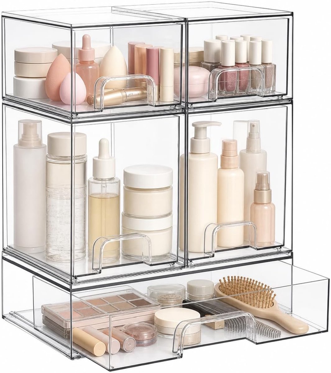 Stapelbare opbergladen van acryl, transparant met handgrepen voor badkamer, kast en make-u