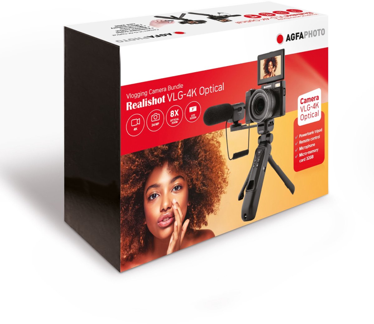 AGFAPHOTO Vlogging-set VLG-4K – 4K-camera met 24 MP, 8x optische zoom, 3-inch LCD-scherm, CMOS-sensor, statief, powerbank, microfoon, afstandsbediening, inclusief microSD-kaart van 32 GB, lithiumbatterij – Zwart