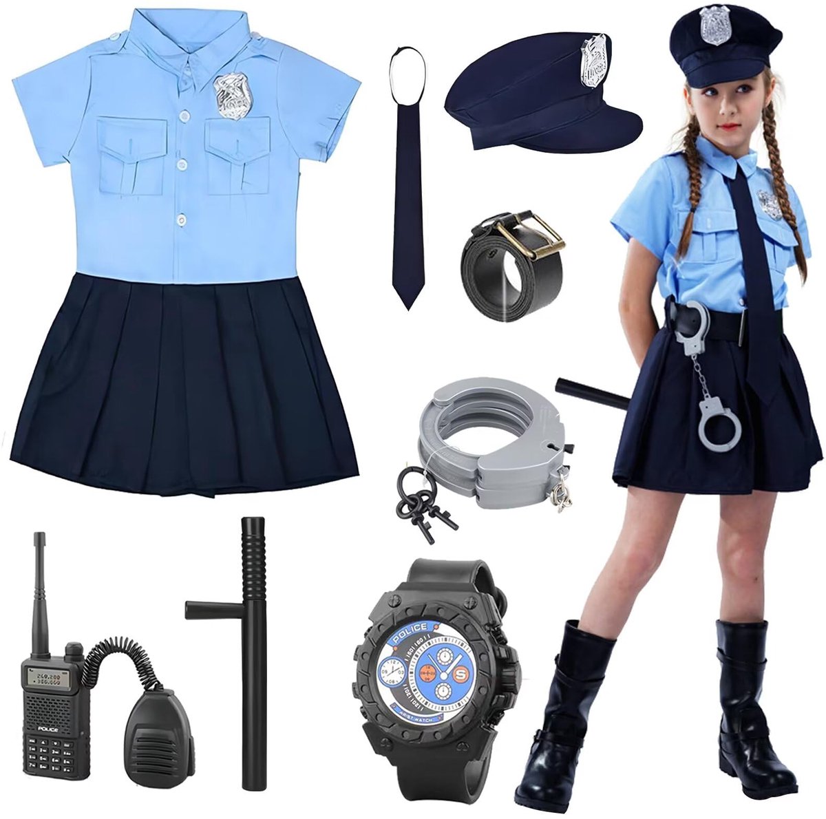 SnelShoppen - Politiekostuum voor Kinderen, 8-delig, Cosplay Kostuum met Politie-accessoires, Hemd, Rok, Riem, Walkietalkie, Halloween, Carnaval, 01-1