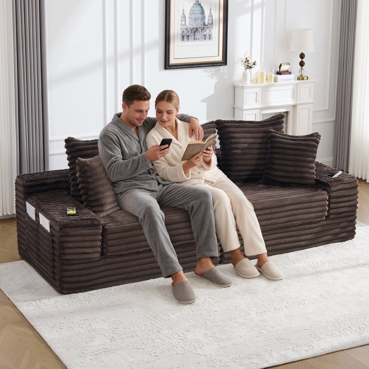 Modulaire 4-Zitsbank - Corduroy Compressie Bankstel Met Slaapbankfunctie - Bruin