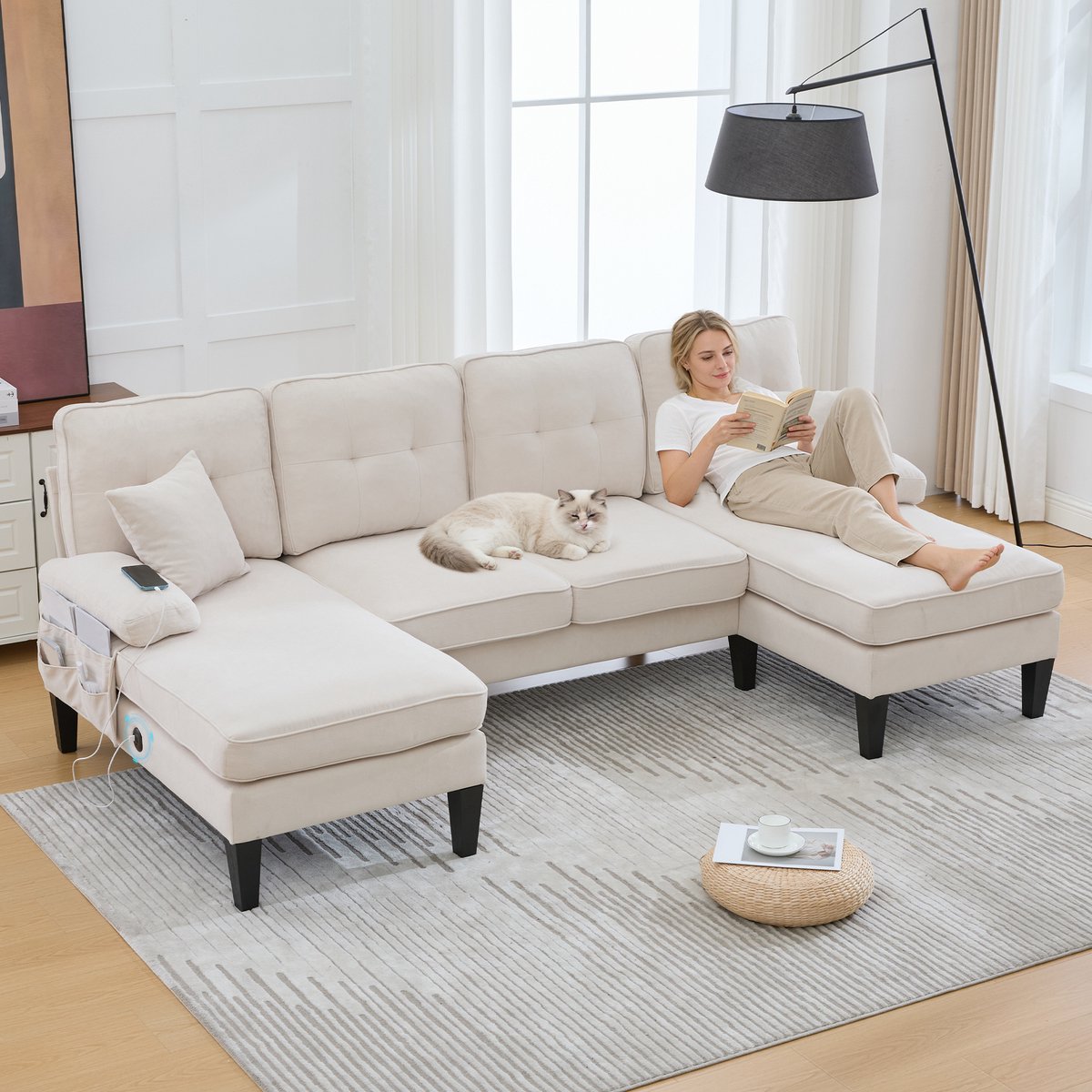 U Bankstel 4 Zits - Linnen Hoekbank - Moderne Lounge Sofa - Beige - Met 2 Longchairs