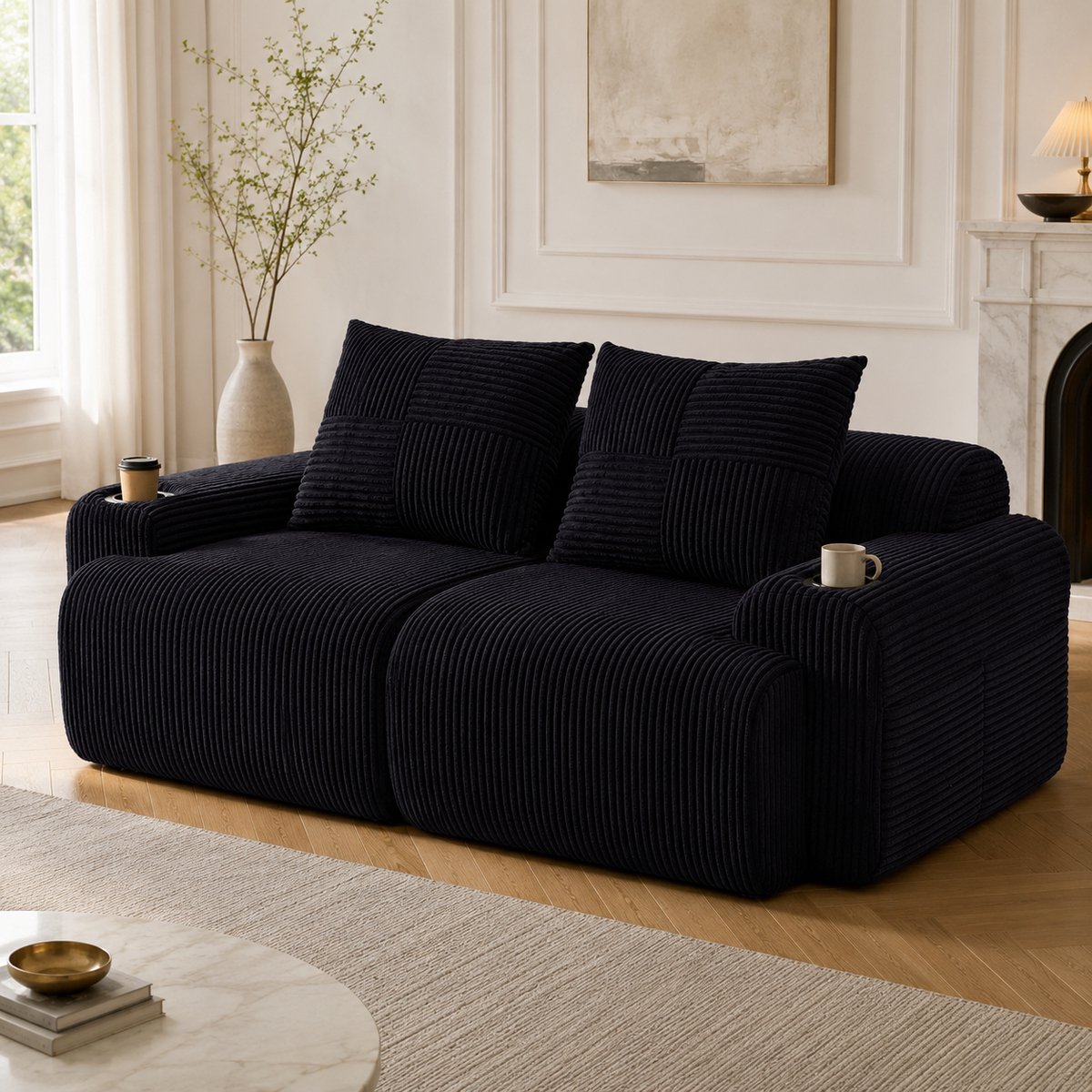 2-Zitsbank Ribfluweel - Modulaire Sofa Met Bekerhouder, Zijvak En Compressieverpakking - Zwart