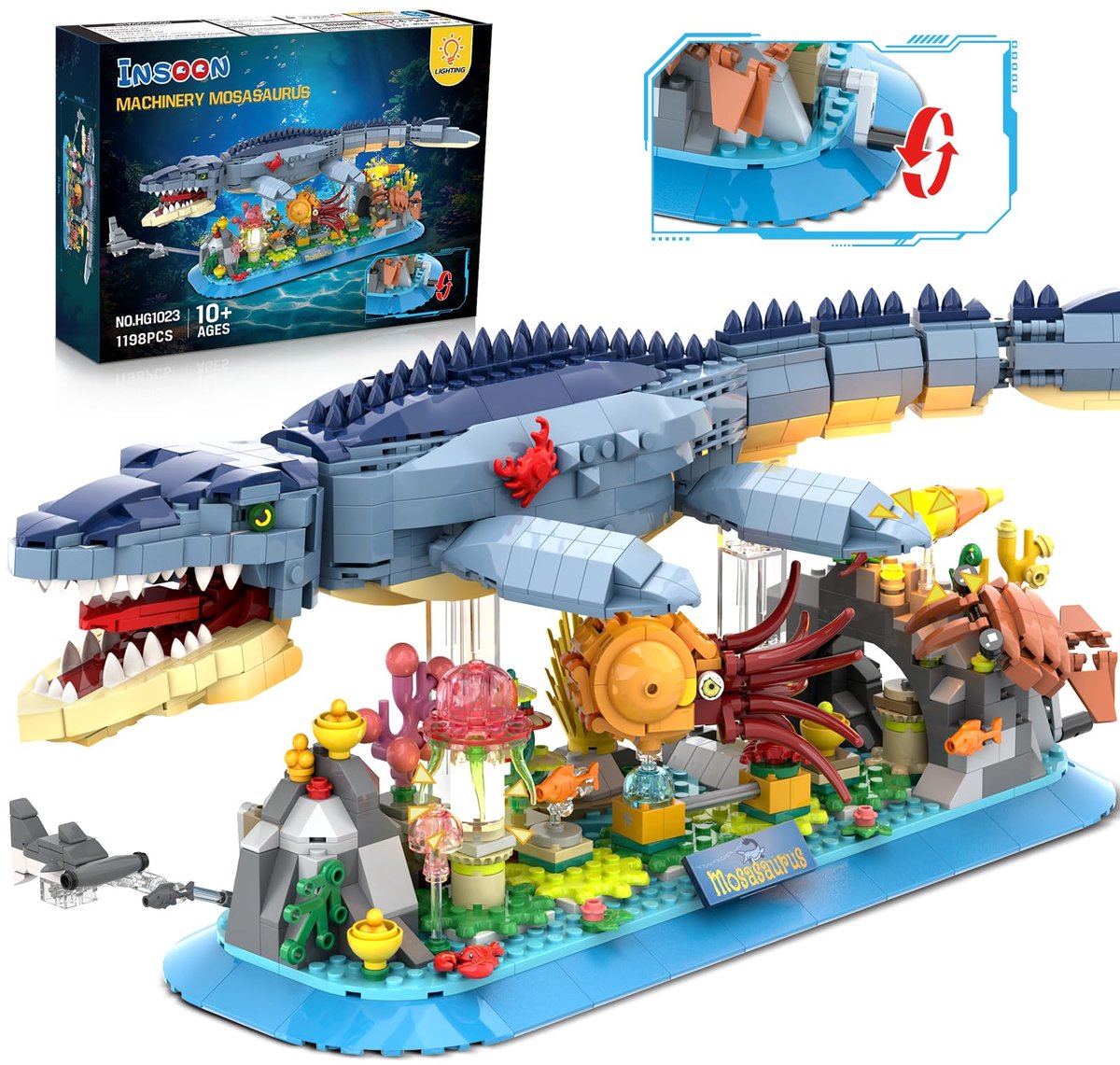 INSOON Mosasaurus Bouwsets - 1219 Delen Beweegbaar Model met Licht Prehistorisch Zeeleven, Bouw Spleegoed voor Volwassenen & Tieners 12+