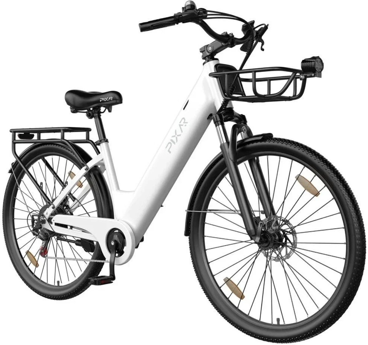 SmarAI C1 Pro Elektrische Stadsfiets 28 Inch - 250W Motor - 36V18Ah Accu - Extra Groot Bereik tot 120 km- Shimano 7 versnellingen - Verende Voorvork - Inclusief Fietsmand en Slot-Wit