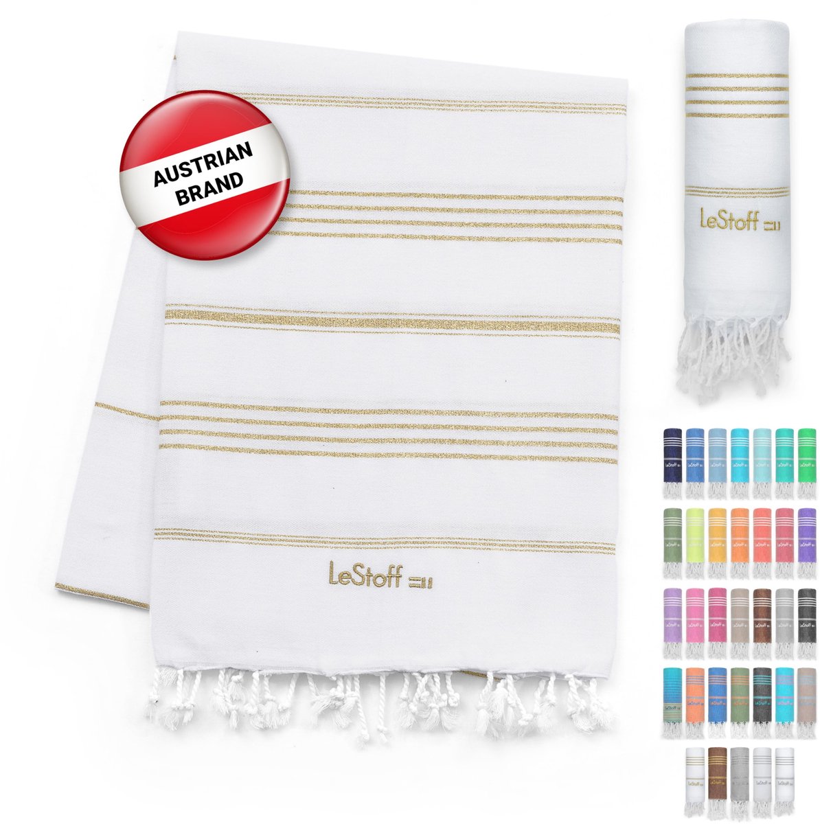 SnelShoppen - Hamamdoek Strandlaken Badhanddoek Saunahanddoek Douchehanddoek Spa Sport Yoga Reizen 100% Biologisch Katoen 95x180 cm White-Gold