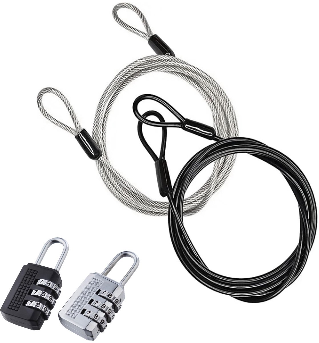 Thijox - 2 Stuks 3 mm Kabelslot Diefstalbeveiliging Cijferslot Veiligheidskabel Gevlochten Luskabel Stalen Kabel met Lus 2 m Zilver + Zwart voor Fiets