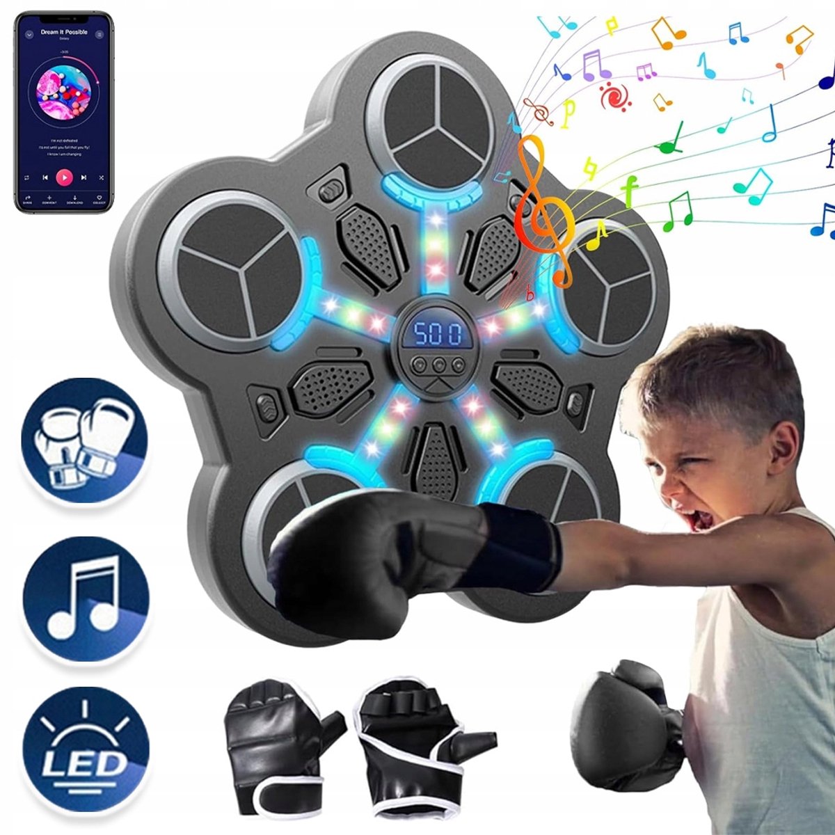 Wandgemonteerde Boksmachine Met Bluetooth En Synchronisatie Verlichting - 3 Instelbare Niveaus Geluidsdempend Boren Niet Nodig - Oplaadbaar Voor Volwassenen En Kinderen - Zwart