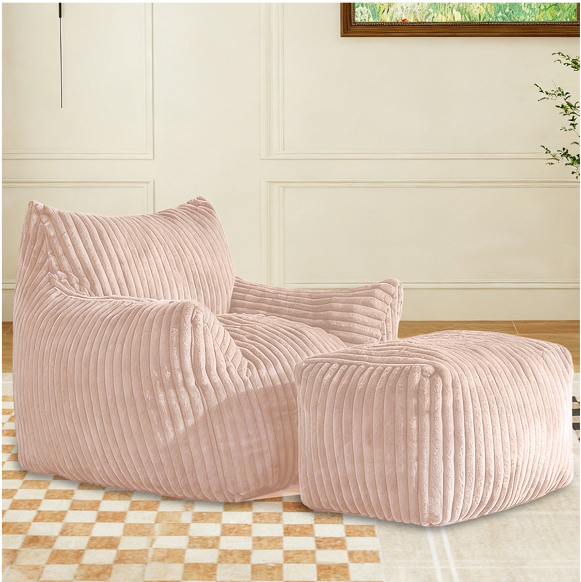 Welltin Zitzakstoel - Bean Bag - Ligstoel met gebogen profiel en bijpassende voetenbank - ergonomische zitervaring - Roze