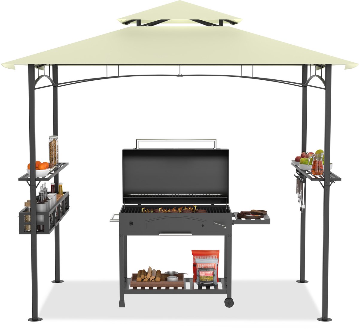 BBQ Paviljoen 245x141x253 cm - Barbecue Overkapping met Dubbel Dak - BBQ Tent met Zijluifel - Tuinpaviljoen voor Tuin & Terras - Beige