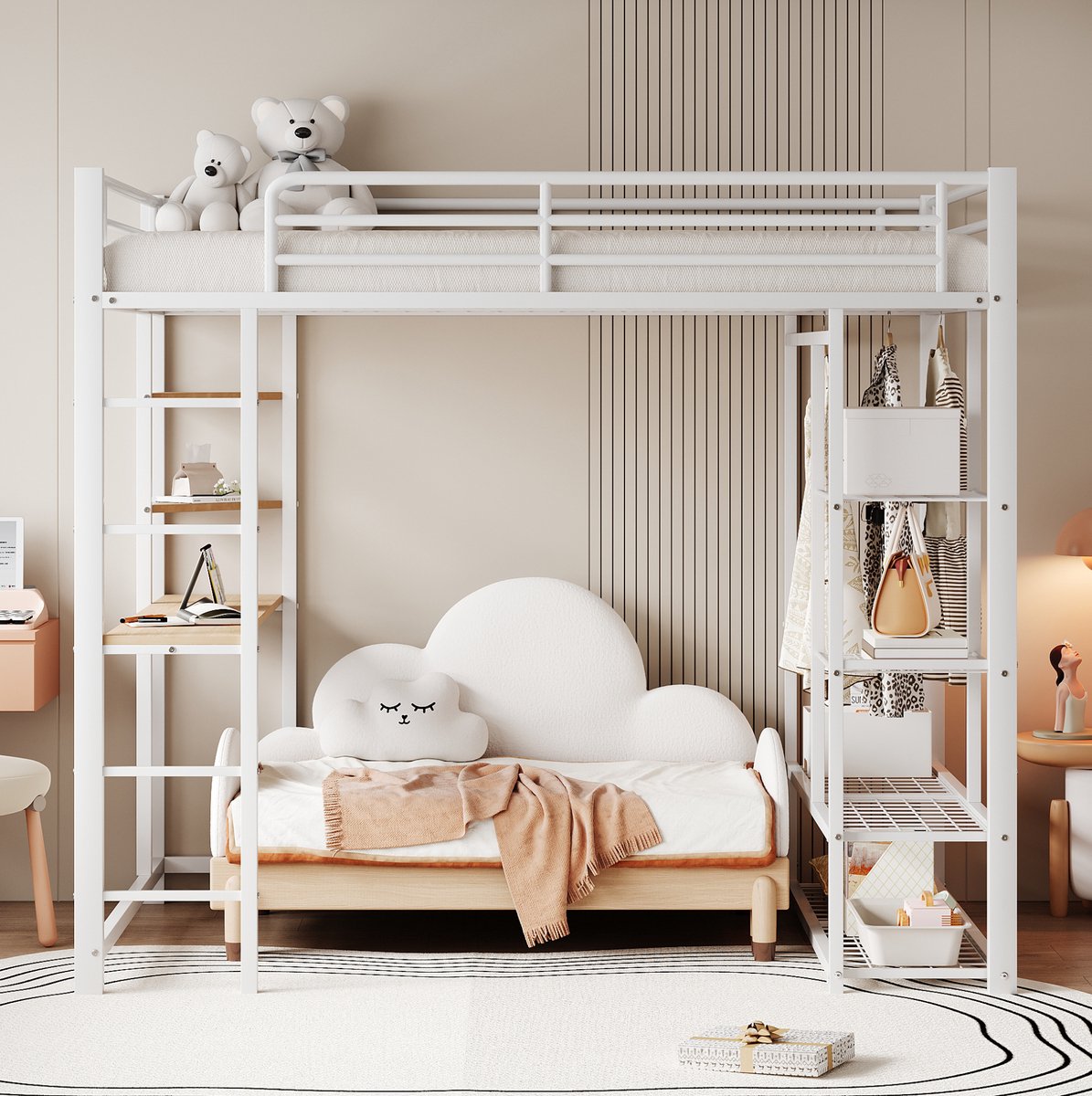 COVREO Hoogslaper met tafel en kledingkast – 140x200 cm – Metalen bedframe voor studie en opbergen – Wit - zonder matras