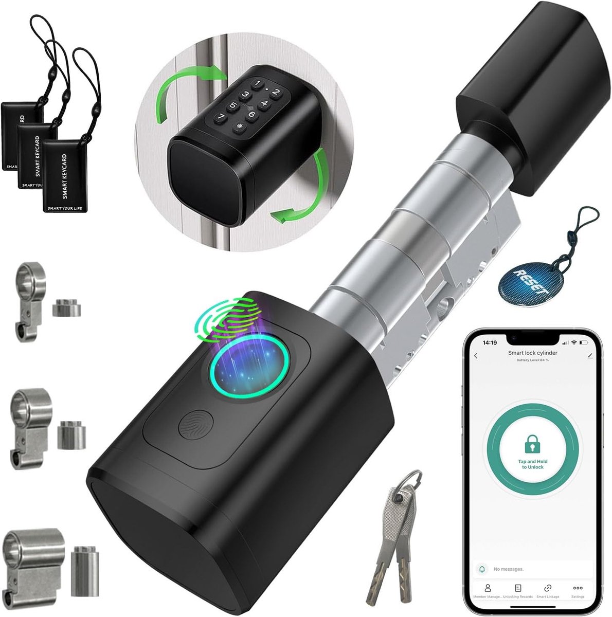 SnelShoppen - Smart deurslot met vingerafdruk en wachtwoord voor 60-90 mm deur, verstelbare sluitcilinder, met sleutel en IC-kaart, Smart Life App afs