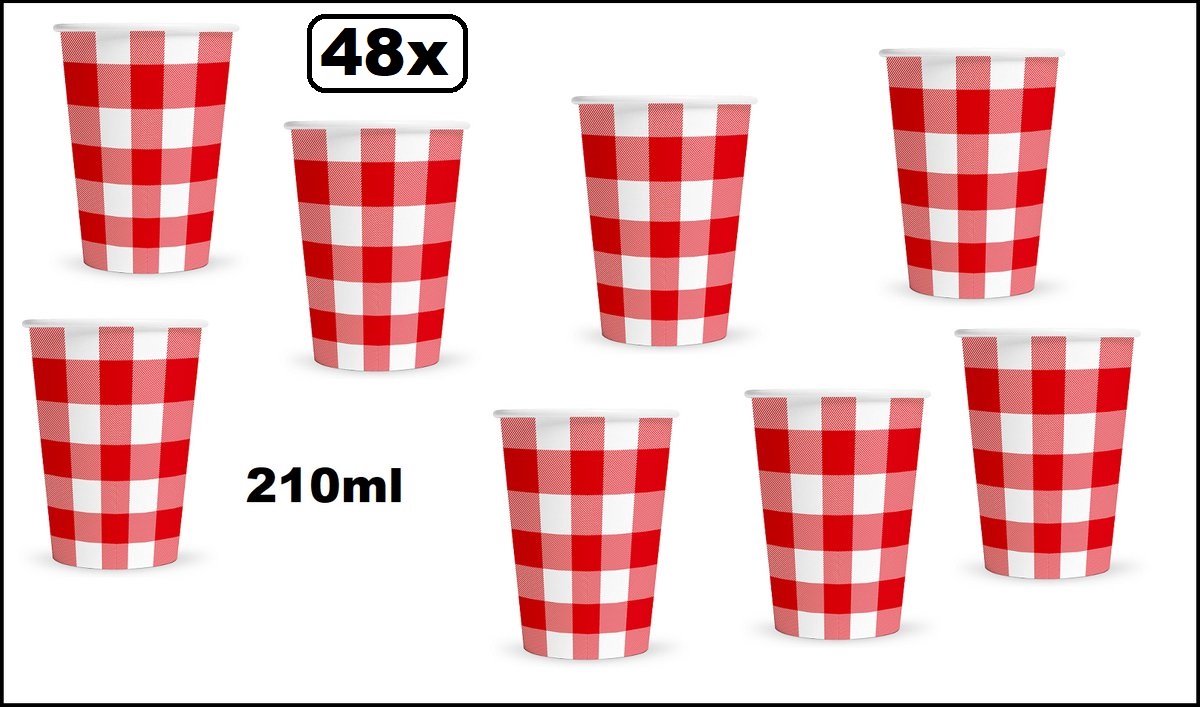 48x Beker boerenbont rood/wit 210ml karton - Drinken Oktoberfest geruit rood/wit BBQ thema feest verjaardag feest