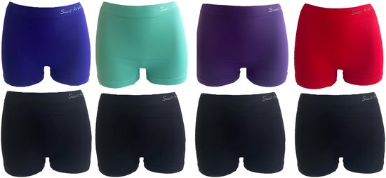 Vier dames boxershorts in de kleuren koningsblauw, mintgroen, paars en rood, en vier zwarte.