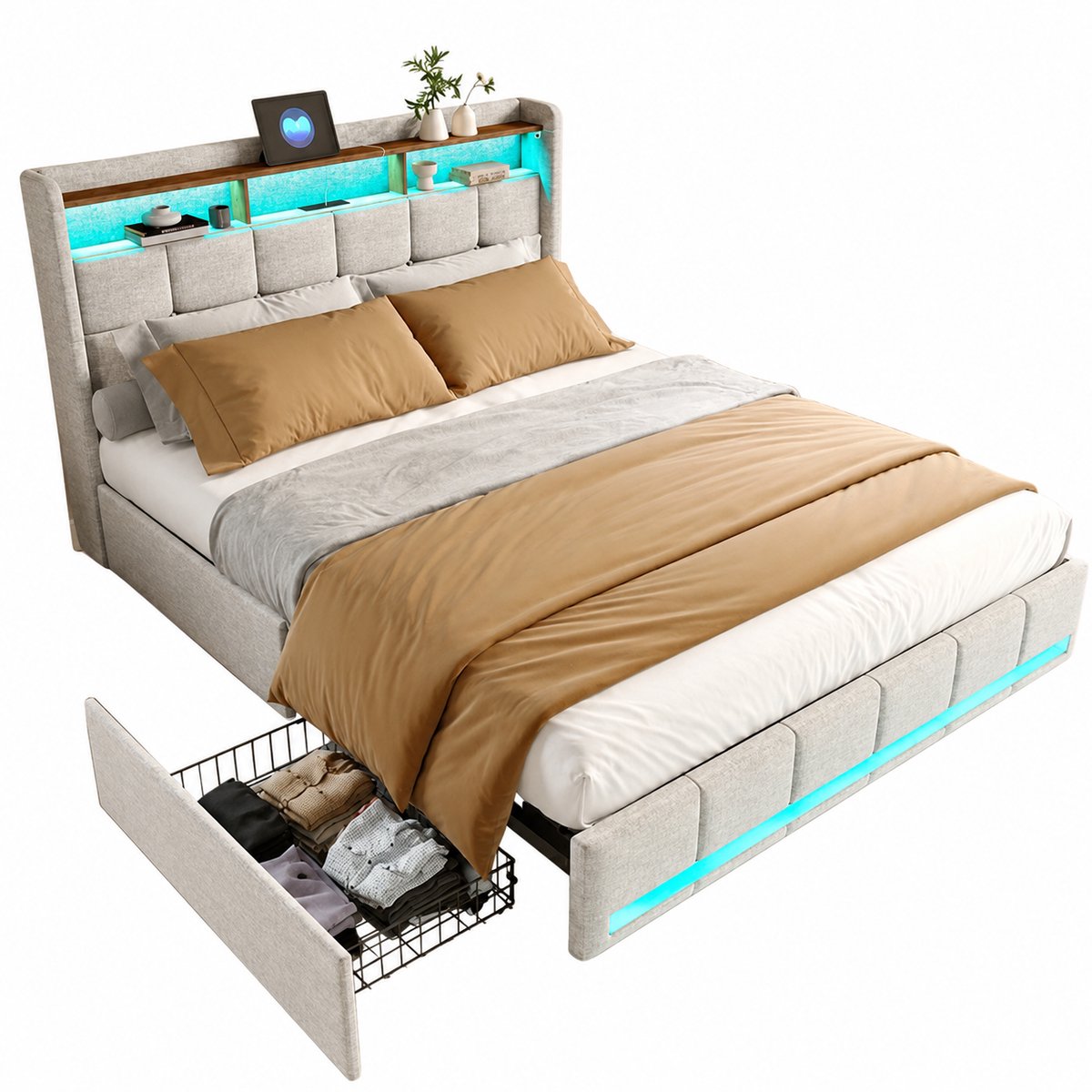 M Goods M-Goods - LED Bed 90x200 cm met Opberglades en Oplaadstation – Beige Gestoffeerd Eenpersoonsbed met RGB Verlichting en Hoofdbord – Modern Bedframe met USB & Opbergruimte
